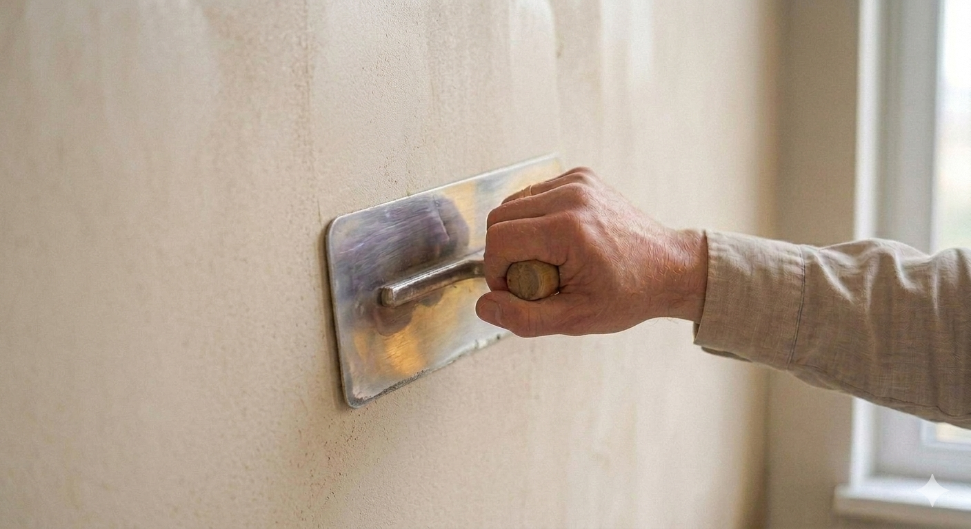 A craftsman is hand-troweling a smooth lime plaster coat onto an interior wall, showcasing the meticulous application of plaster that will enhance the wall's texture and durability. This close-up highlights the craftsmanship involved in creating a refined finish for plaster walls, an essential step in modern construction and renovation.