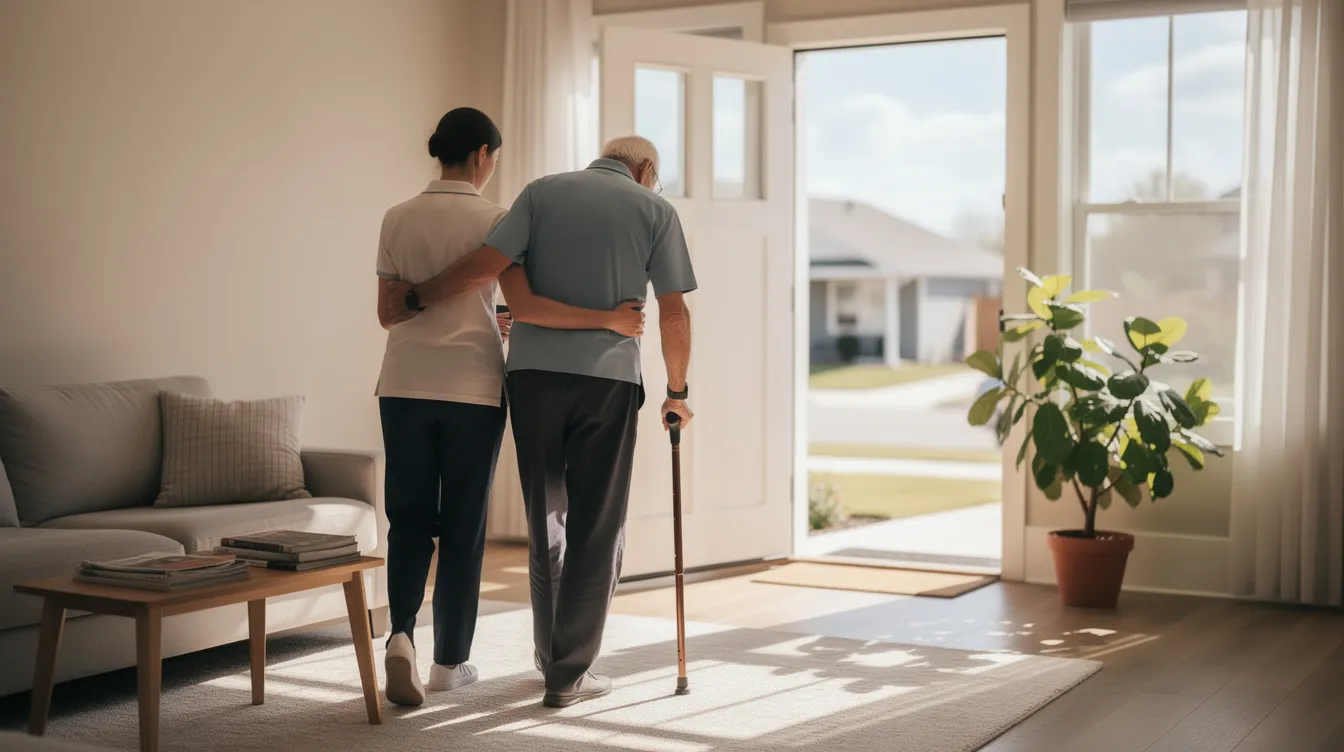 A caregiver is assisting an elderly man as they walk through a tidy living room toward the front door on a calm sunny day, highlighting the importance of companionship and support for older adults in everyday life. This scene reflects the need for emergency preparedness, ensuring that seniors have a personal support network to rely on in case of unexpected situations.