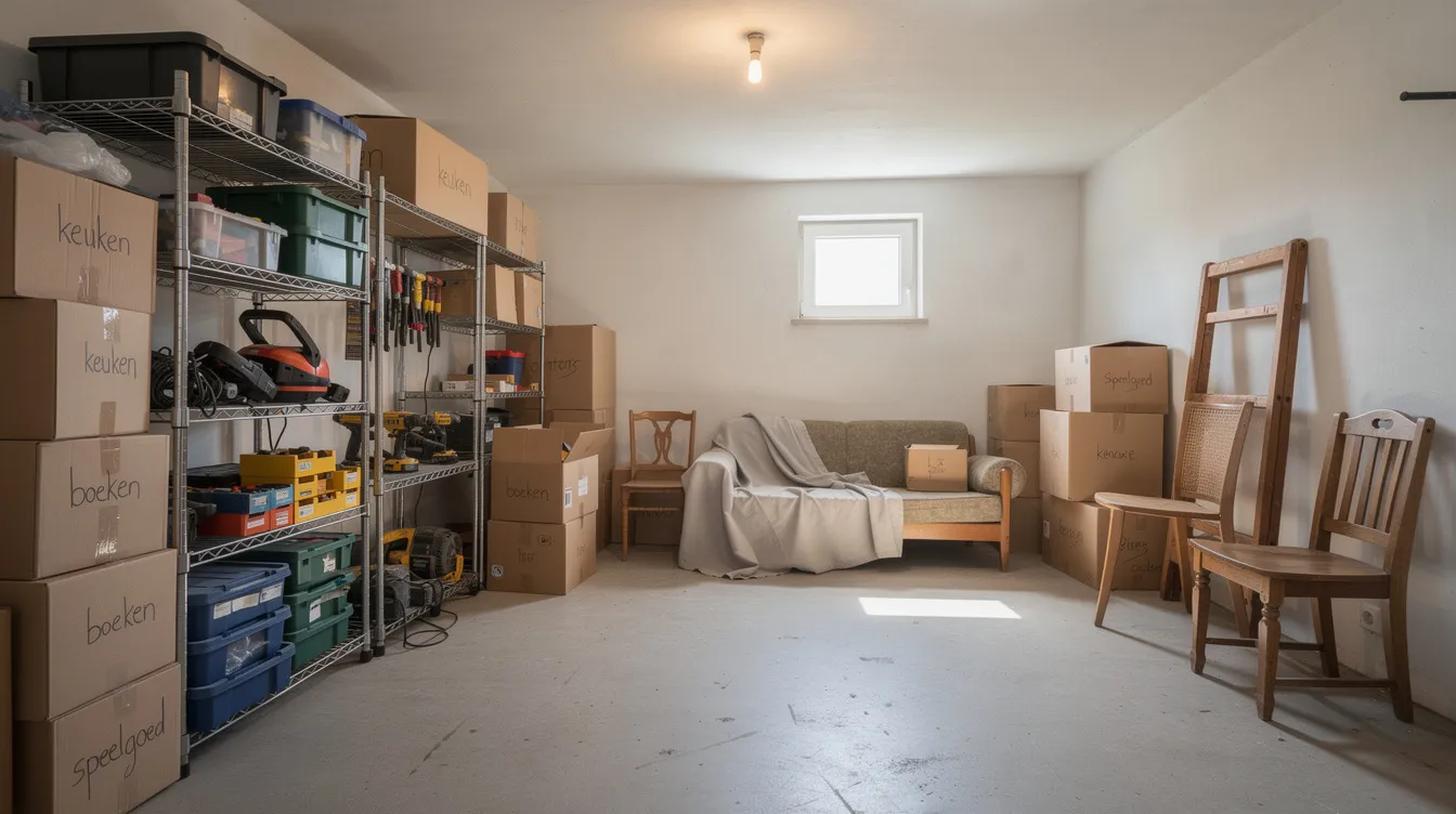 Een opslagruimte gevuld met verschillende dozen, gereedschap en meubels, die een chaotische maar interessante verzameling items toont. Deze ruimte herinnert aan het programma "Storage Wars", waar waardevolle spullen vaak worden ontdekt.
