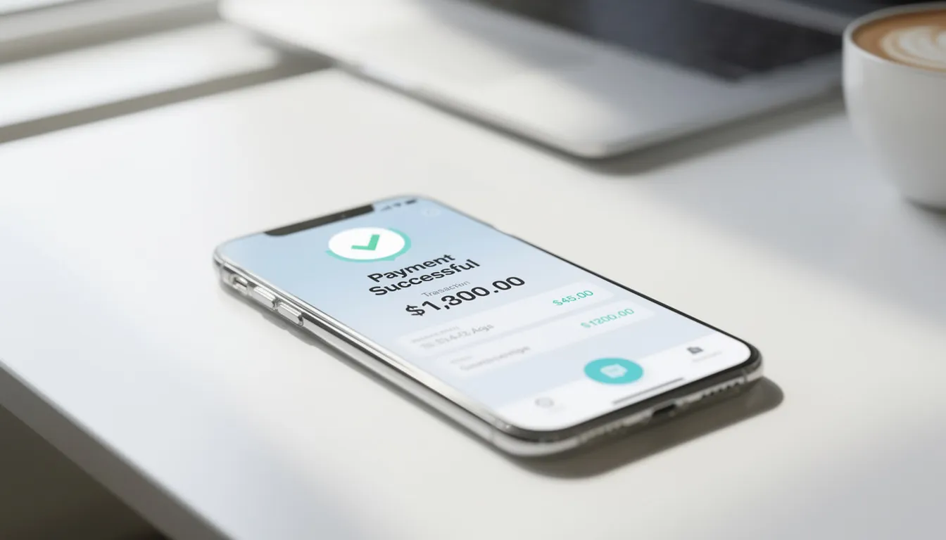En mobiltelefon visar en skärm med bekräftelse på digital betalning, vilket indikerar att transaktionen har genomförts framgångsrikt. Det kan dock förekomma meddelanden om att expekt.com inte är tillgänglig på din plats eller att det finns något fel med din internetanslutning.
