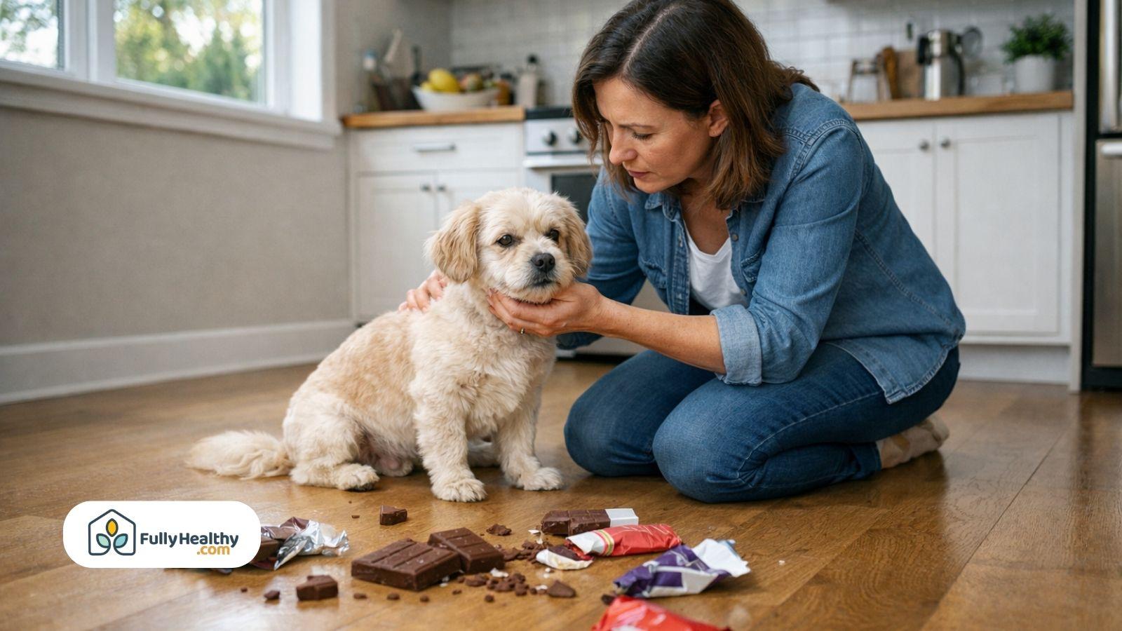 Owner checking small dog on floor with scattered chocolate pieces nearby