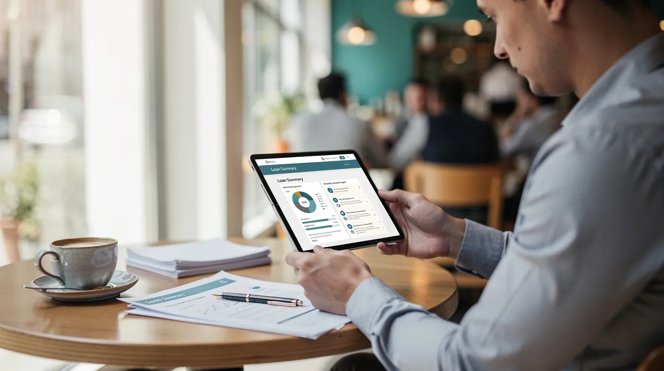 A person is sitting at a bright cafe table, intently reviewing loan documents displayed on a tablet screen. The scene conveys a sense of focus and financial planning, possibly related to a private loan application or assessing monthly repayment amounts.