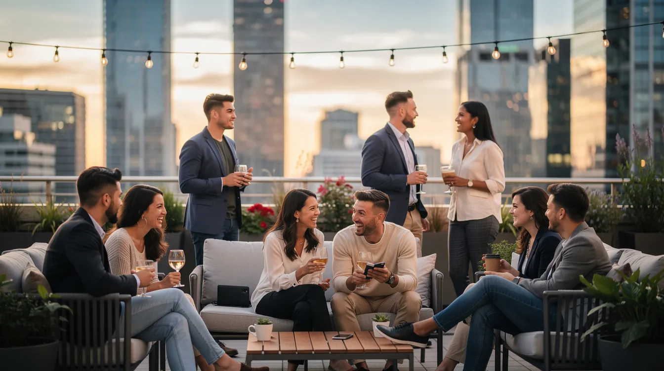 A group of young professionals are engaged in casual conversations on a rooftop gathering, with a vibrant city skyline in the background. This scene reflects modern dating life, highlighting the importance of meaningful connections and honest conversations among friends and potential matches.