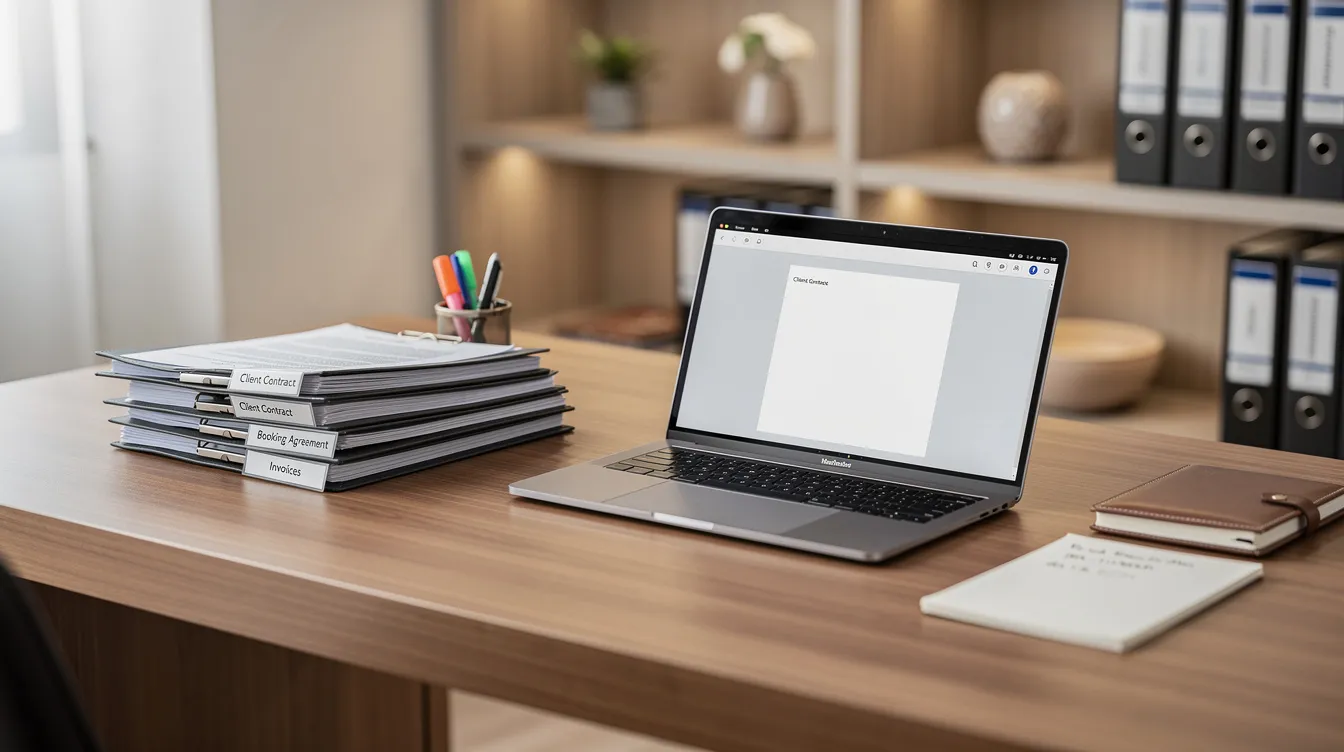 An organized hotel office desk features neatly arranged contract folders alongside a laptop, showcasing an efficient setup for managing vendor contracts and other legal documents. This arrangement supports effective contract management and enhances operational efficiency within the hospitality industry.