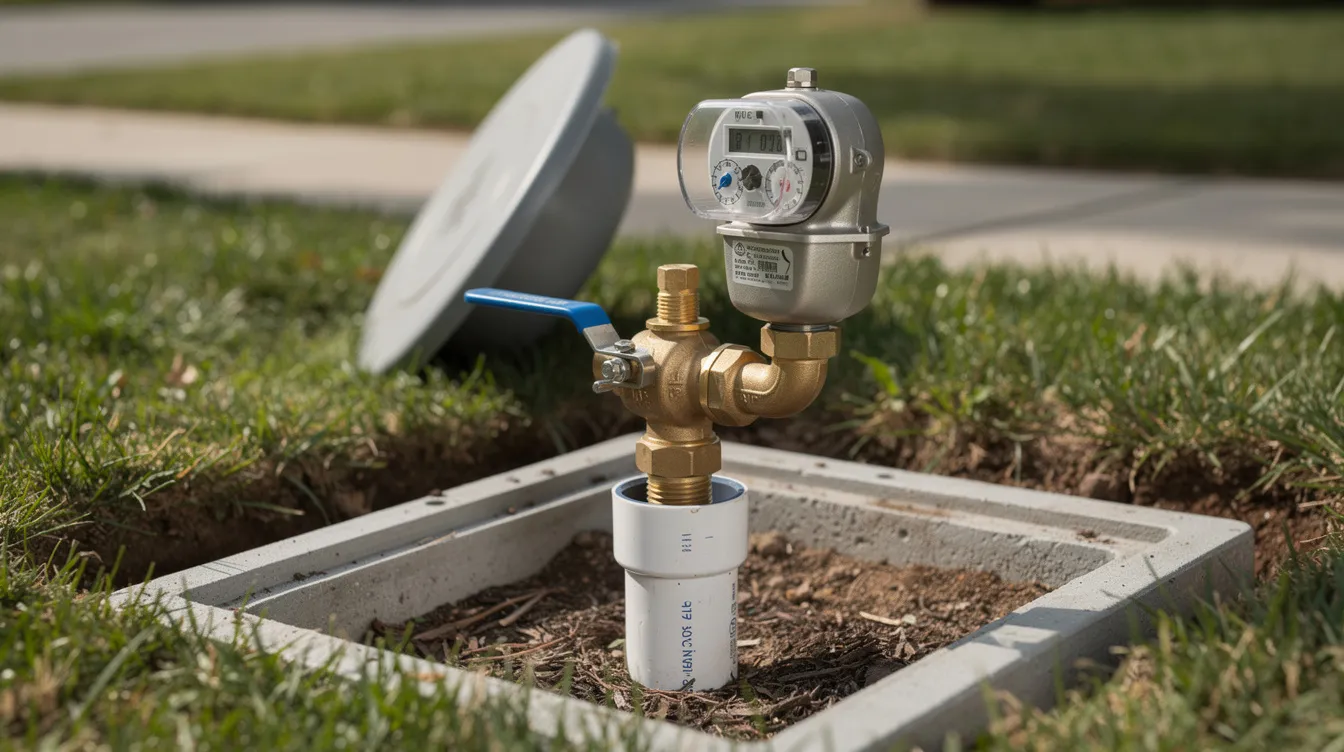 A close-up view of a residential main water shutoff valve located near a water meter in a front yard, highlighting its importance for emergency plumbing services. This valve is crucial for controlling the main water supply in case of plumbing emergencies, such as burst pipes or major leaks.
