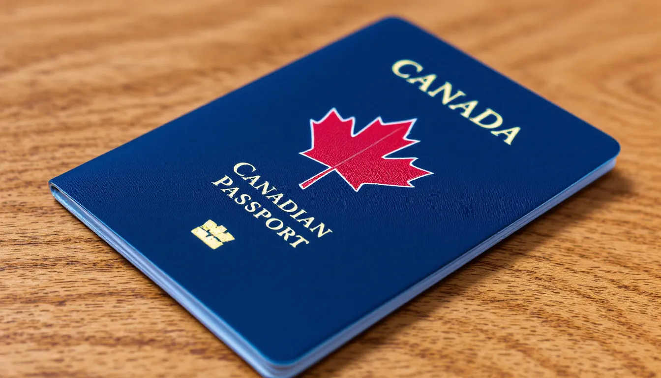 A valid Canadian passport lying on a table, showcasing its cover and emblem.