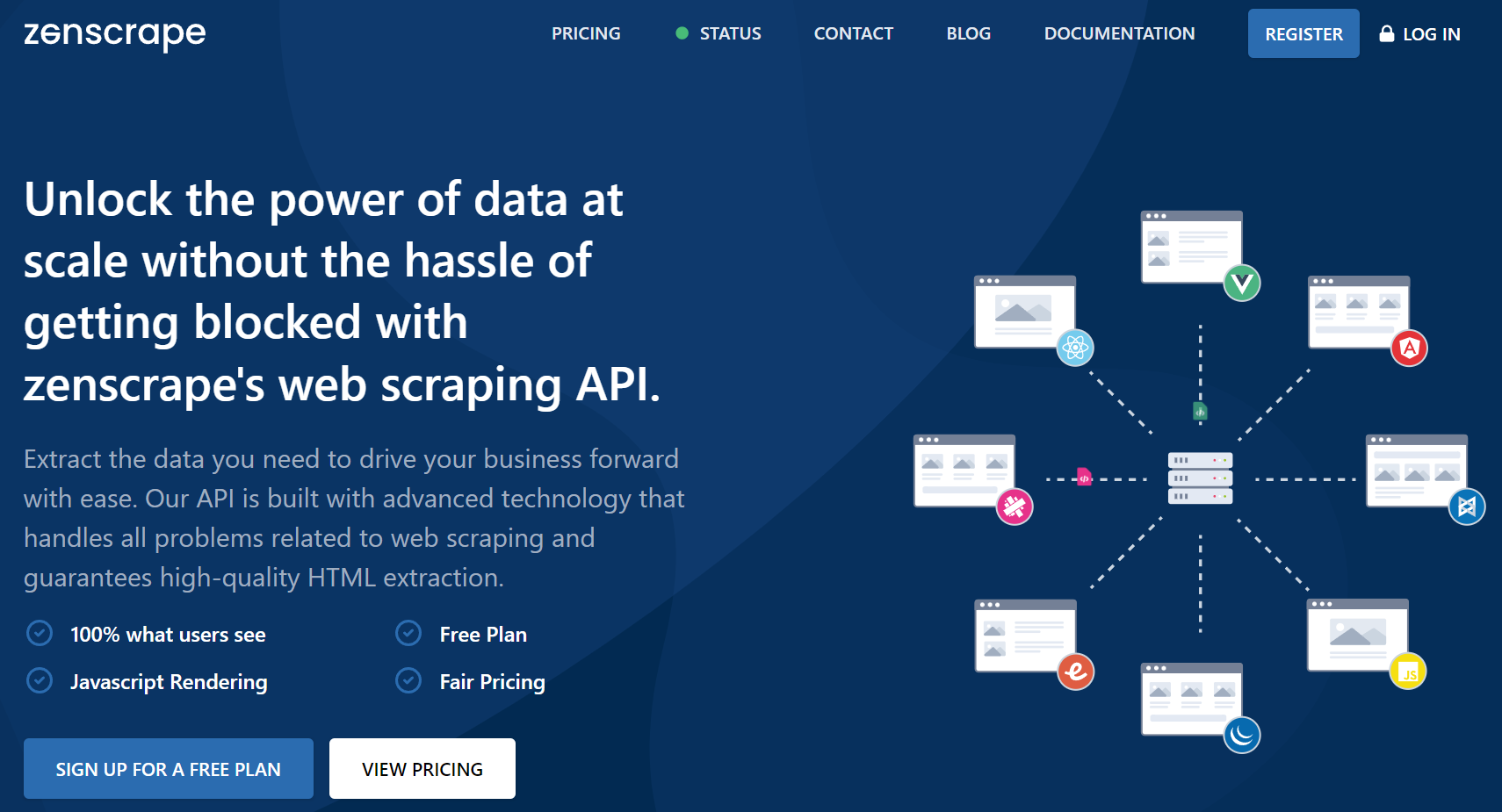 home page of the zenscrape web scraping api
