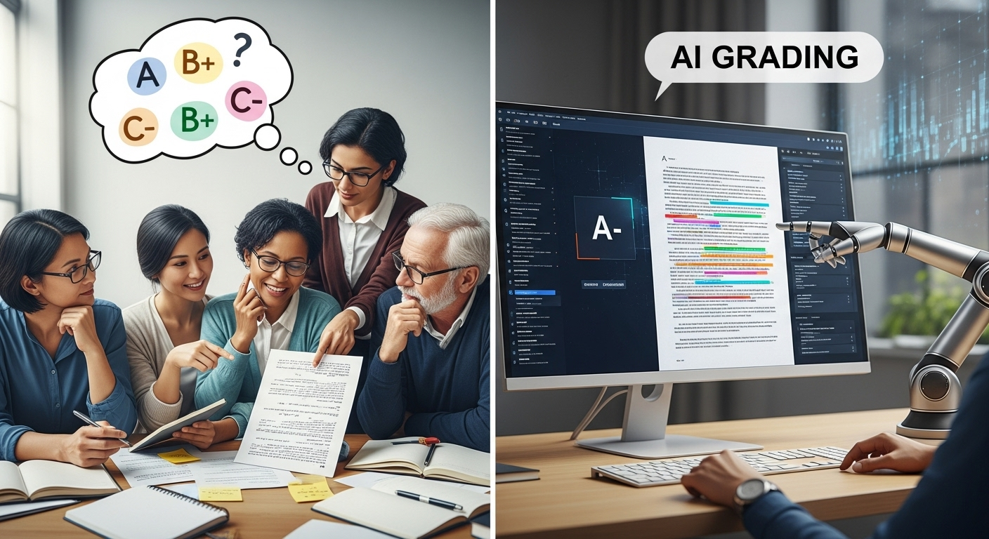 Split-screen academic illustration showing human grader interpretation versus AI consistency in student assessment