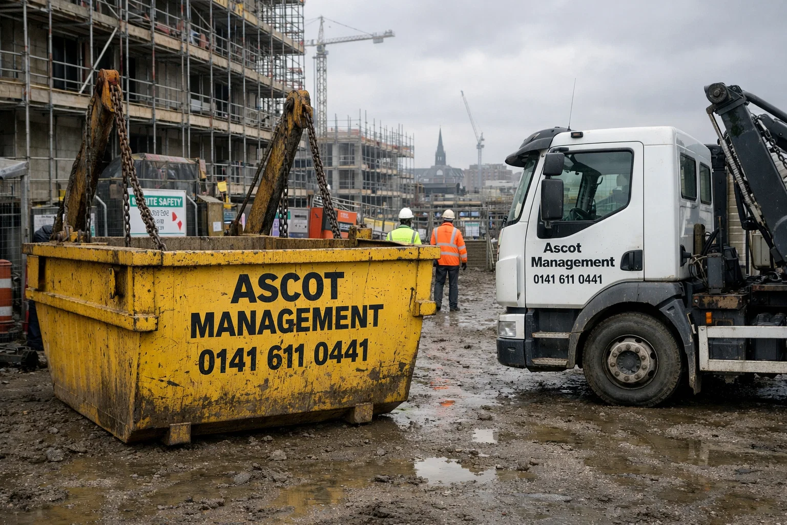Commercial construction site in Glasgow with Ascot Management skip and branded white lorry.
