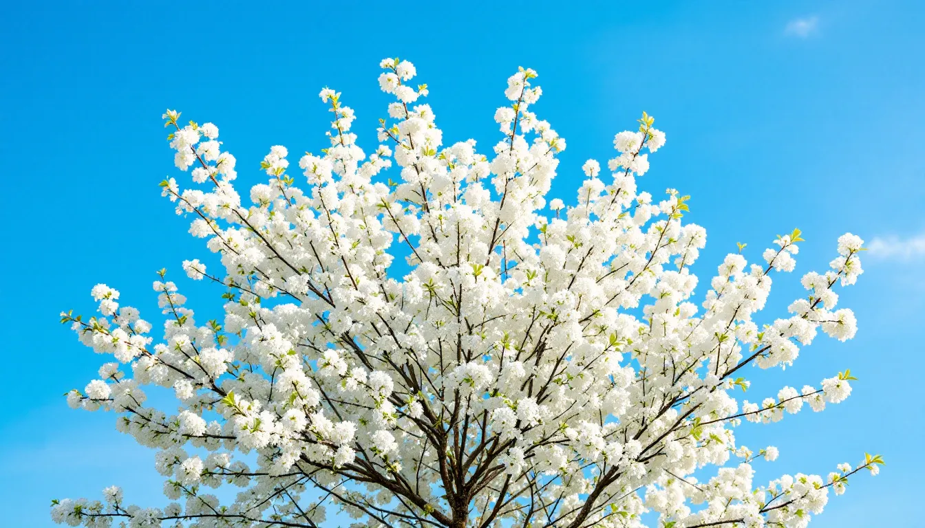 A hawthorn tree stands majestically in full bloom, adorned with clusters of delicate white flowers that contrast beautifully against a vibrant blue spring sky, symbolizing hope and joy in nature. This scene captures the essence of spring, showcasing the beauty and significance of flowers often associated with celebrations and new beginnings.