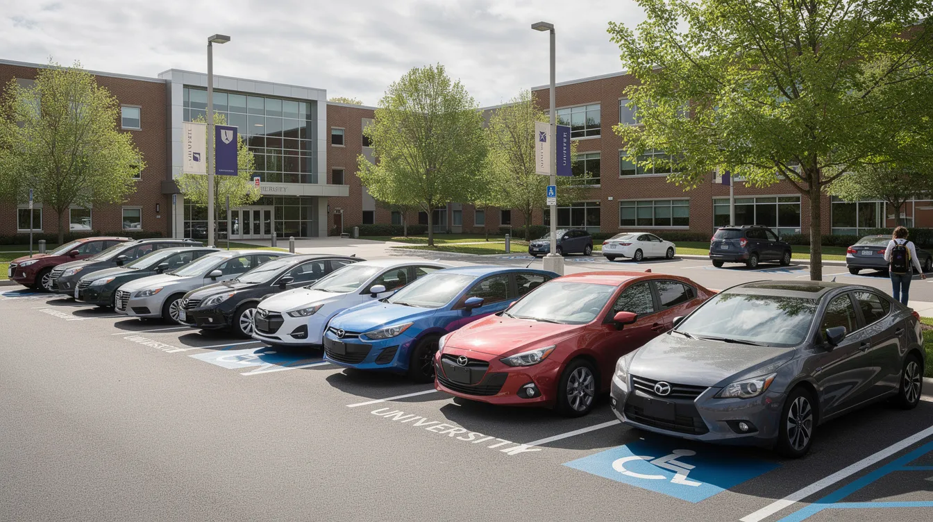 The image shows a university campus parking lot filled with several parked cars, reflecting a busy environment where college students may utilize car shipping services to transport their vehicles to school. This scene highlights the convenience of reliable auto transport options for students attending college.