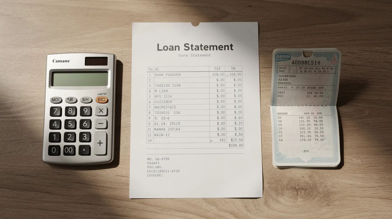 The image features a calculator, a printed loan statement, and a passbook placed on a wooden desk, symbolizing the financial management tools often used by eligible borrowers in various financial institutions. This setup may represent the process of tracking mudra loans and ensuring a satisfactory credit track record for small and micro enterprises.