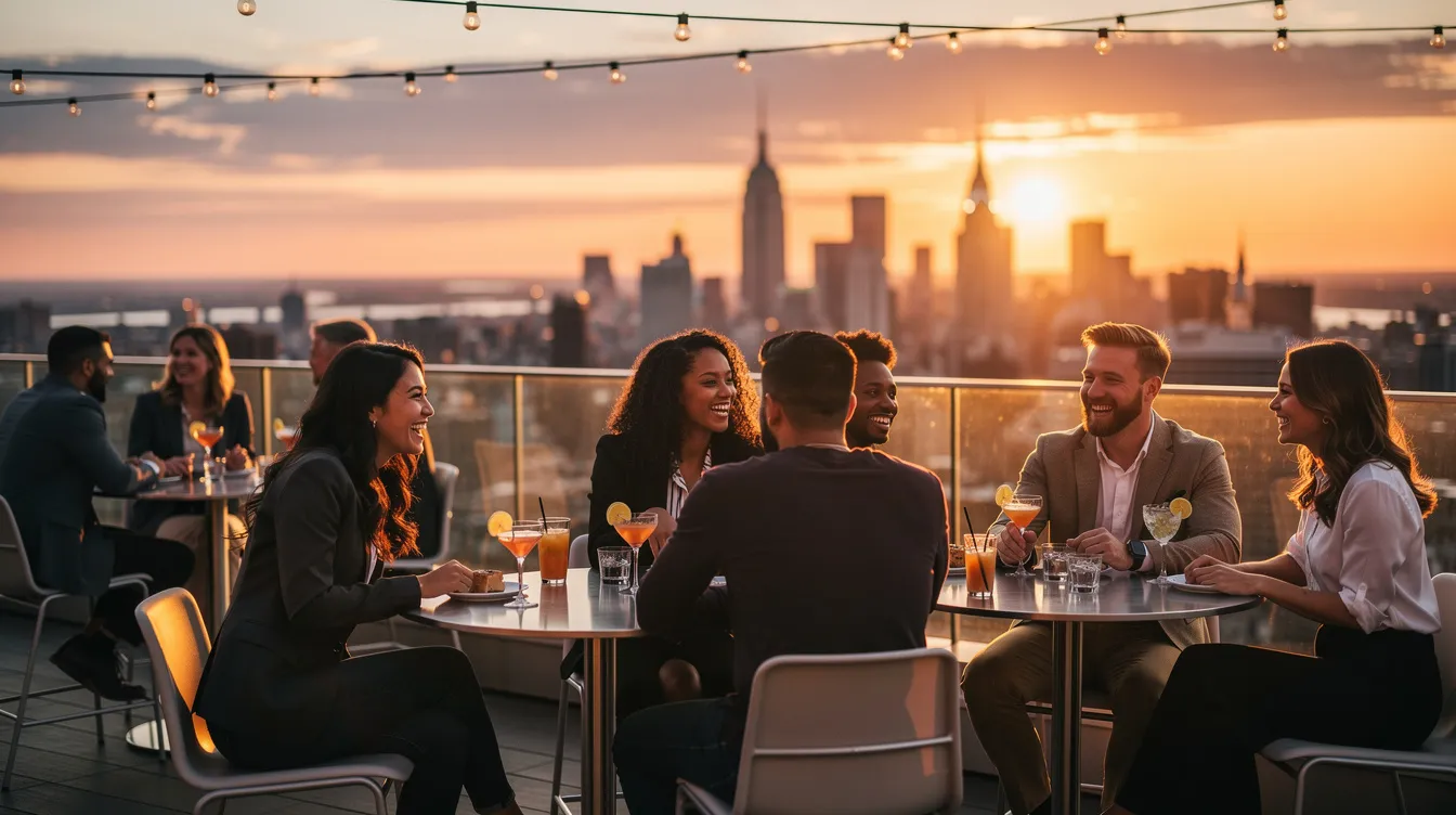 The image depicts a vibrant rooftop bar in New York City during sunset, where young people are enjoying their dating lives, engaging in conversations, and forming connections. The warm glow of the sunset creates an inviting atmosphere, reflecting modern dating trends as singles navigate their relationships in a lively social scene.