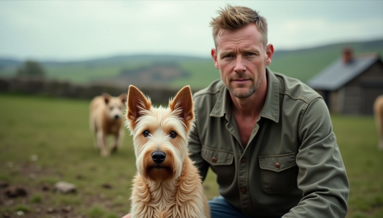 A SCWT and his owner on a rustic farm
