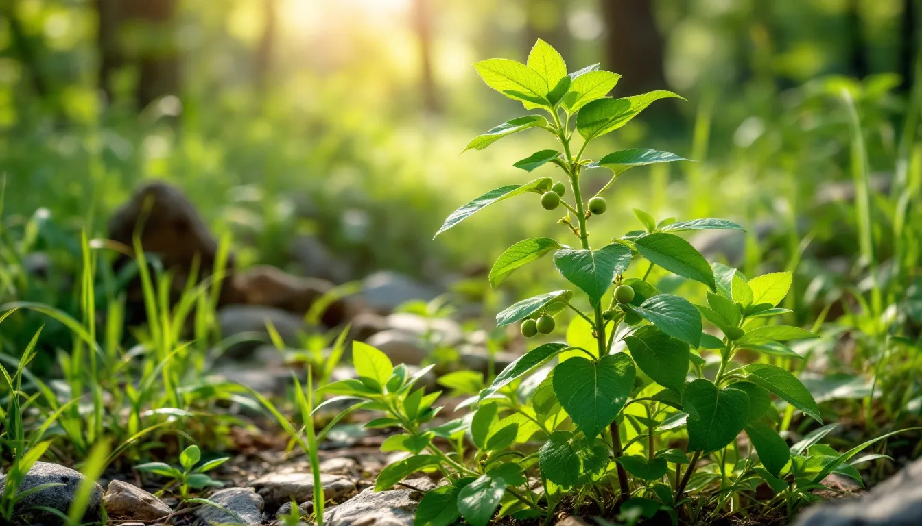 The image depicts an ashwagandha plant, characterized by its vibrant green leaves and small berries, thriving in a natural setting. Known for its health benefits, this herb, also referred to as Indian ginseng, is commonly used in Ayurvedic medicine for mood and anxiety treatments.