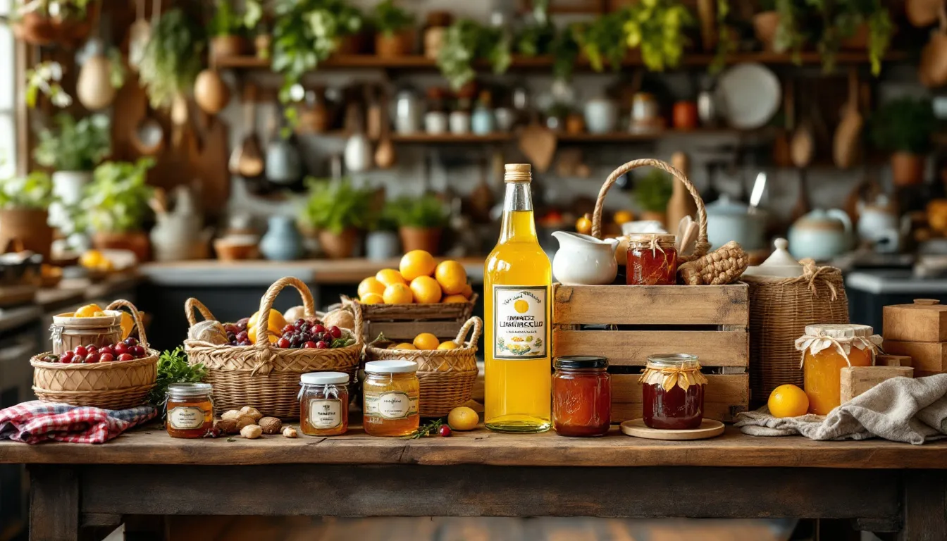 Handmade gifts from the kitchen, including homemade limoncello and edible gifts in reusable containers.