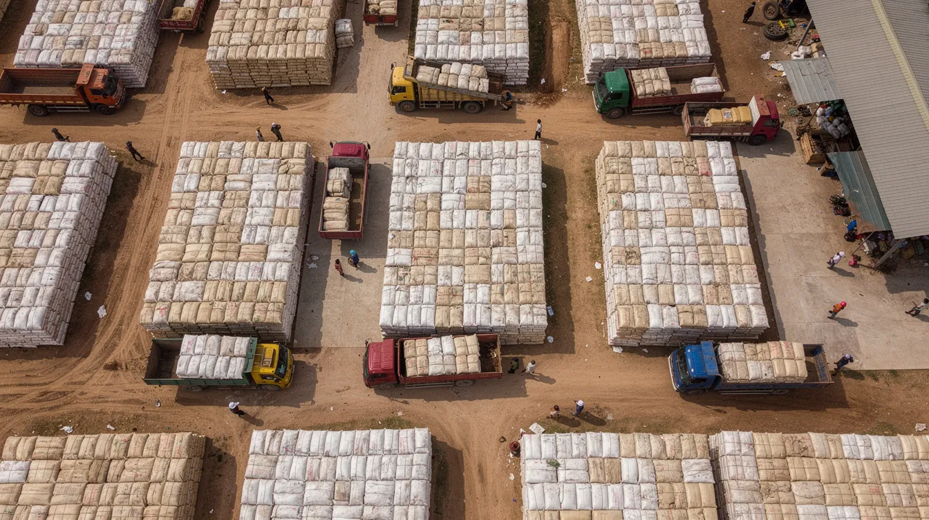 c8e9678d c988 4ab0 8e89 50aca5d0a261 An aerial view of an agricultural commodity market shows numerous trucks lined up, surrounded by stacks of grain sacks, highlighting the bustling activity of the food processing industry. This scene reflects the efficiency of dal processing operations, essential for ensuring high-quality dal products in the market.
