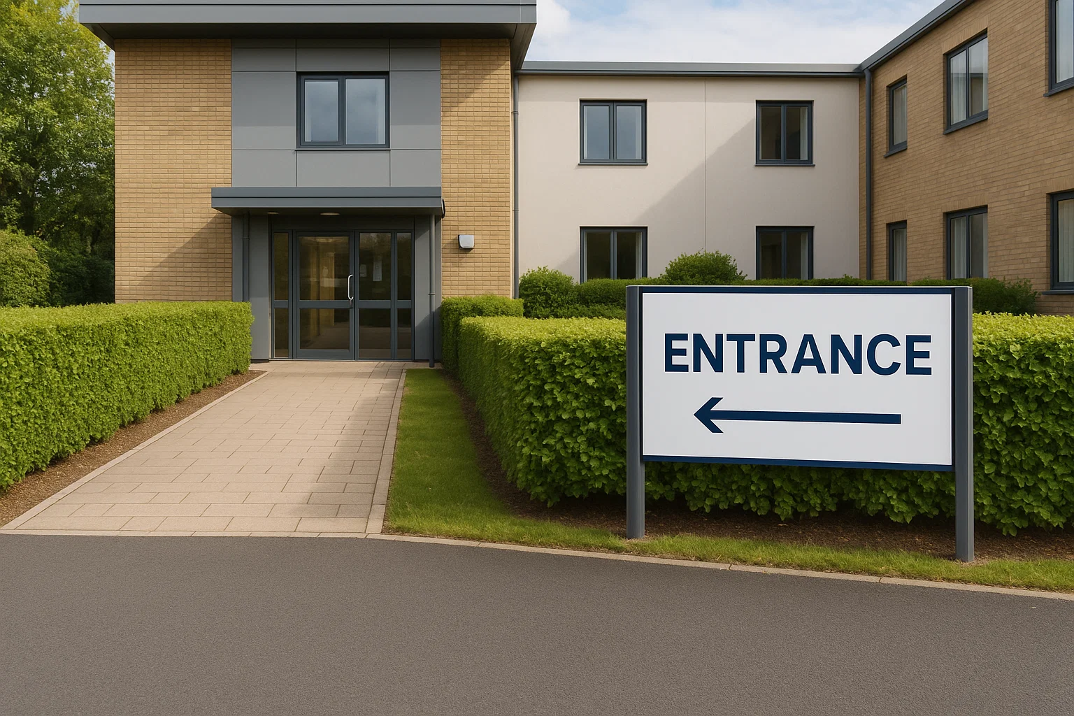 Commercial outdoor space with landscaped driveway and pathways.