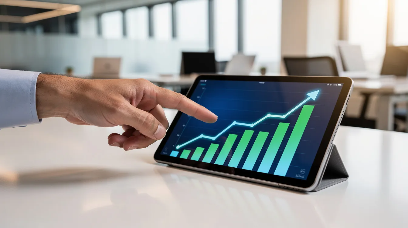 c8ec4e21 2d5f 489e b954 684af01fbec2 Na obrazie widoczna jest dłoń wskazująca na wykres wzrostowy na tablecie, co symbolizuje efektywne zarządzanie finansami firmy w kontekście planowania budżetu. W tle znajduje się biurowe otoczenie, co sugeruje profesjonalne środowisko pracy związane z analizą danych finansowych i kontrolowaniem kosztów.