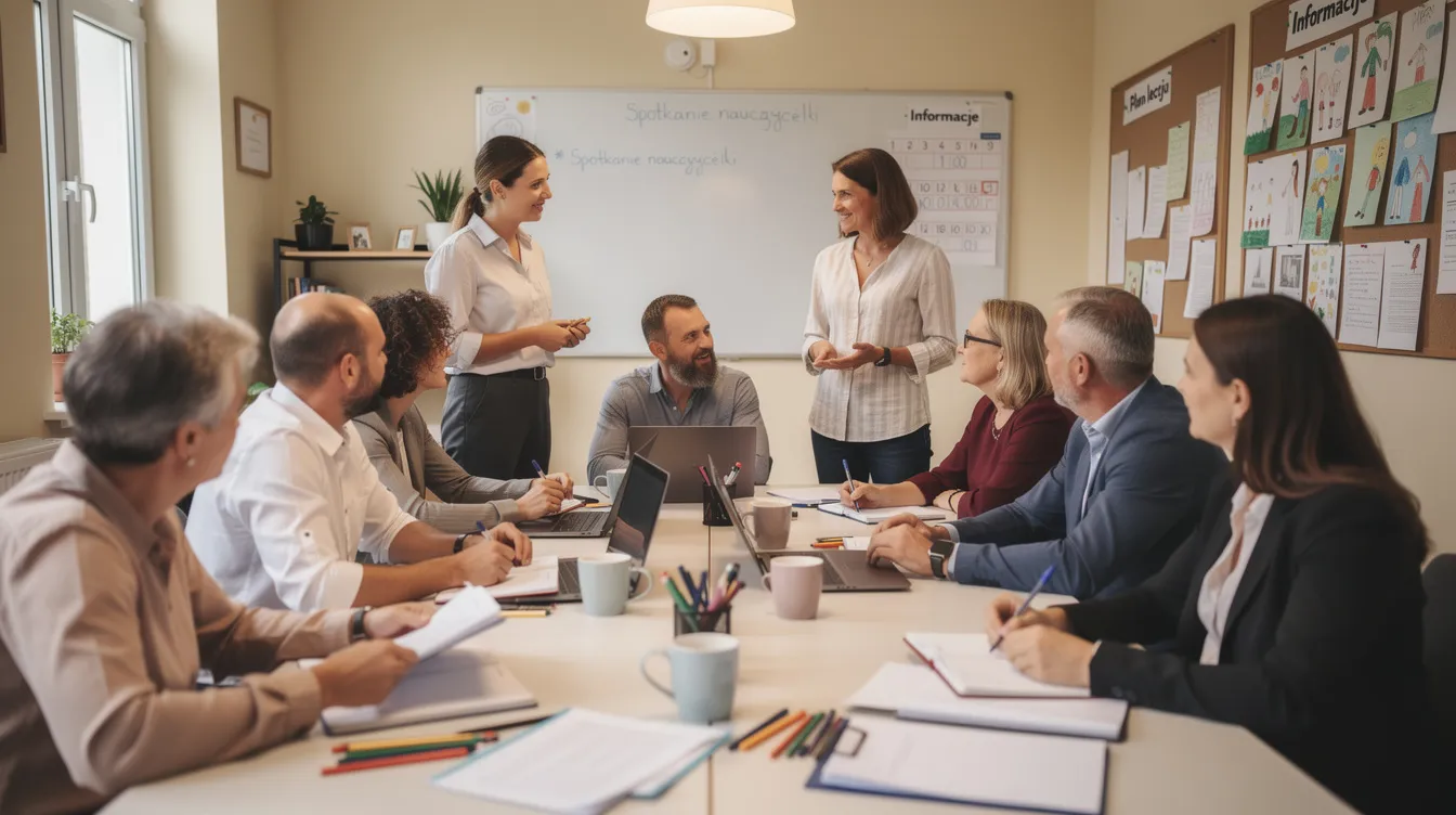 Na obrazie widoczny jest zesp&oacute;ł nauczycieli podczas spotkania w pokoju nauczycielskim, gdzie omawiają postępy uczni&oacute;w oraz metody pracy w kontekście kształcenia specjalnego. Nauczyciele wsp&oacute;łpracują ze sobą, aby wspierać rozw&oacute;j dzieci i dostosować działania do ich specyficznych potrzeb edukacyjnych.