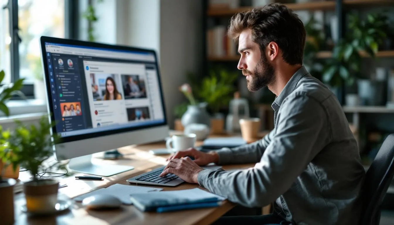 Na zdjęciu widoczna jest osoba pracująca przy komputerze, tworząca kurs online. W tle znajdują się notatki i książki, co sugeruje, że przygotowuje się do rozpoczęcia własnej działalności w obszarze edukacji online, co może być genialnym pomysłem na biznes.