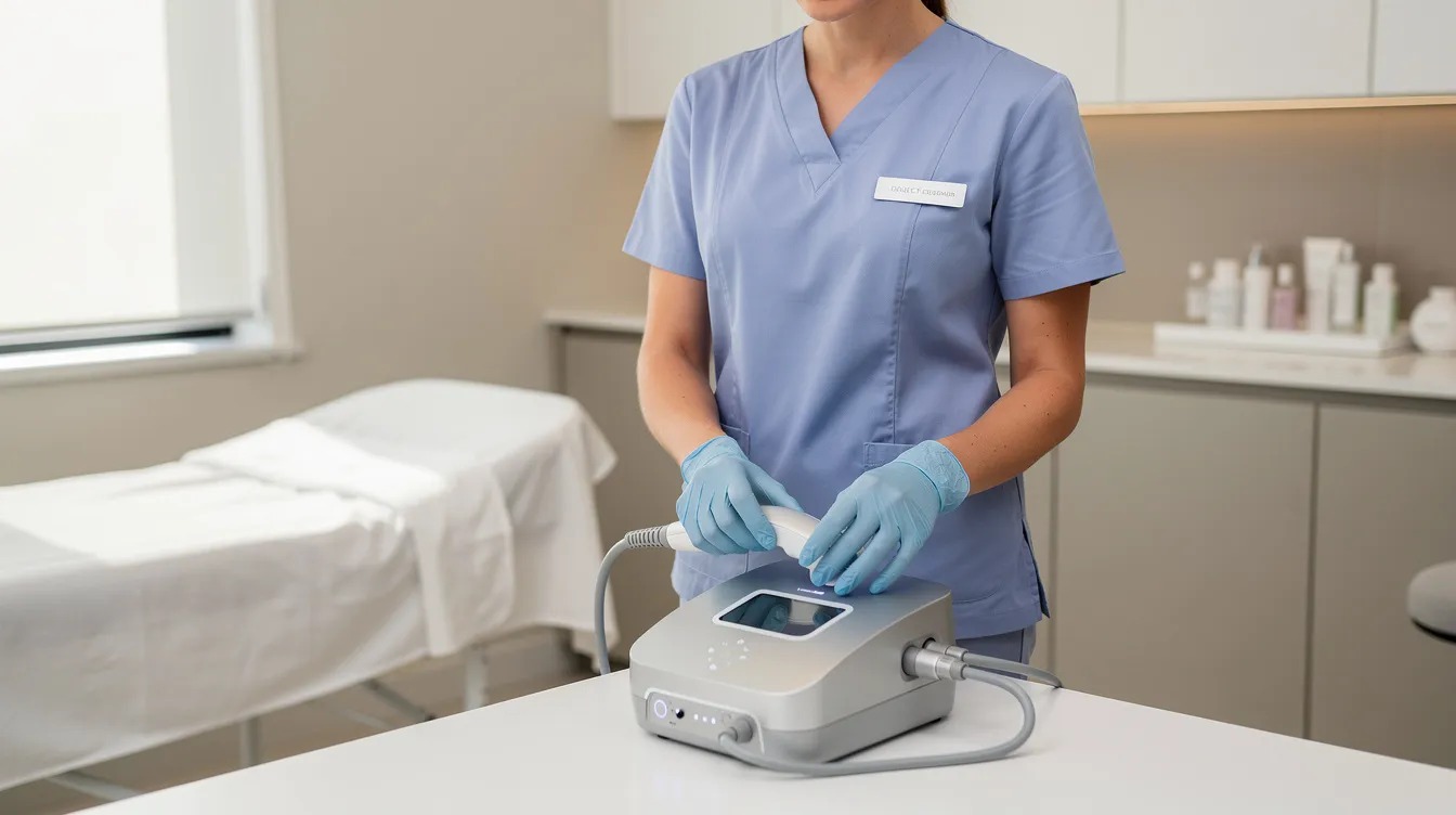 A clinician is preparing a handheld aesthetic device in a clean treatment room, ready to perform a cellulite reduction treatment. The device, designed for noninvasive body contouring, aims to improve skin texture and reduce the appearance of cellulite on the skin's surface.