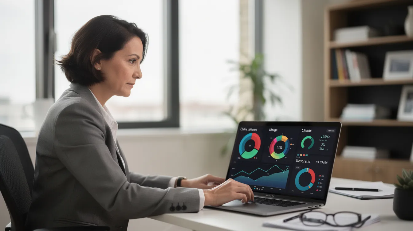 Une dirigeante de PME est assise devant son ordinateur portable, consultant un tableau de bord qui affiche des données clés sur l'expérience utilisateur et les mises à jour des fonctionnalités de son chatbot. Elle semble concentrée, évaluant les performances de son service client et planifiant la création d'un chatbot pour améliorer les interactions avec ses clients.