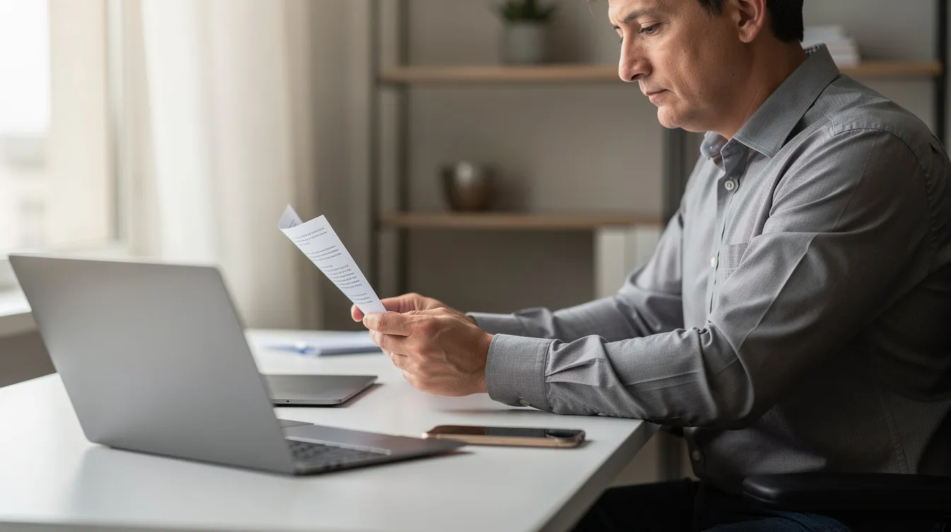 A person is seated at a desk, intently reviewing documents related to a workers compensation claim, with a laptop and phone positioned nearby. This scene reflects the careful consideration required for managing workplace injuries and navigating the workers compensation system.