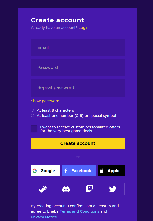 Registration page