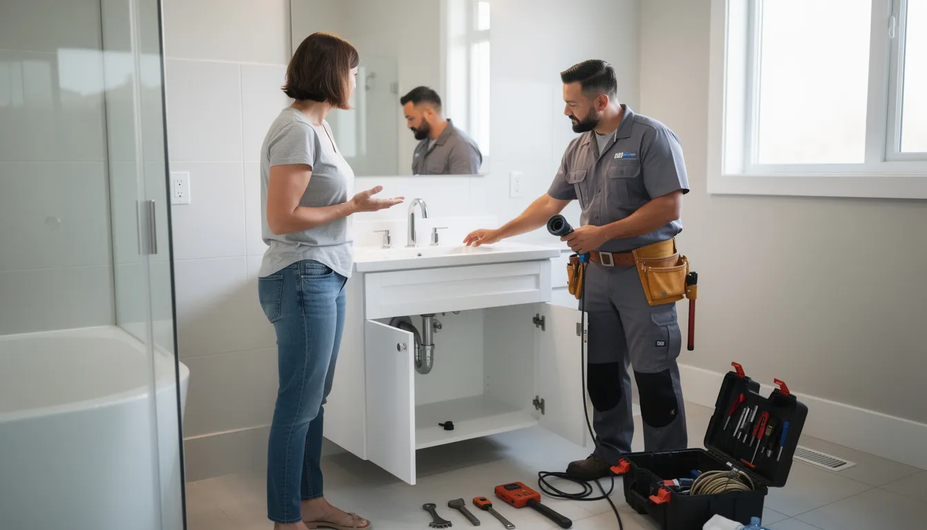 A homeowner is discussing preventive drain maintenance with a plumber at their residential property, focusing on avoiding clogged sewer lines and ensuring the plumbing system is in good condition. The conversation highlights the importance of regular sewer cleaning services to prevent sewage backups and other drain and sewer issues.