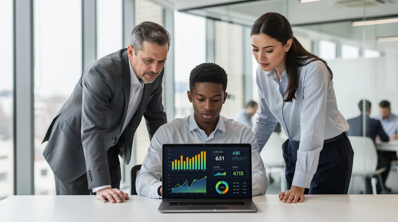 A diverse team of marketers is gathered in a modern office, intently reviewing digital analytics dashboards on a laptop. This collaboration highlights their focus on leveraging data to enhance their marketing strategy and achieve tangible results for their construction marketing association.