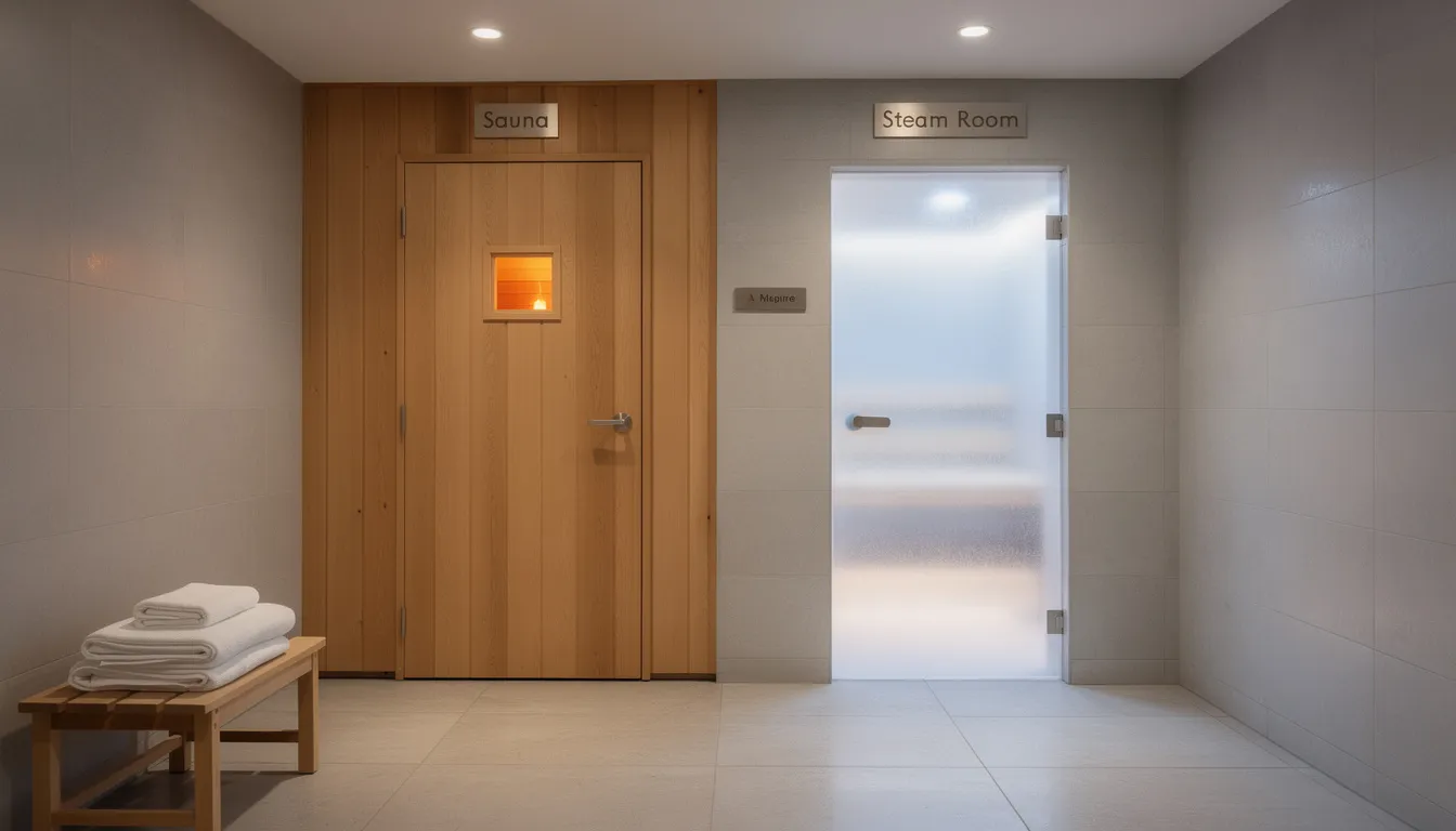 The image depicts a serene wellness spa area featuring a wooden sauna door on one side and a tiled steam room entrance on the other, highlighting the contrast between dry heat and moist heat. This setting emphasizes the unique health benefits of both saunas and steam rooms, offering options for relaxation and improved cardiovascular health.