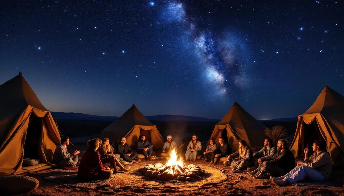 A traditional Berber tent camp is depicted with people gathered around a glowing campfire, set against a starry night sky in the Moroccan Sahara. The scene captures the warmth of community and the beauty of the desert landscape, inviting an immersive experience under the vastness of the night.