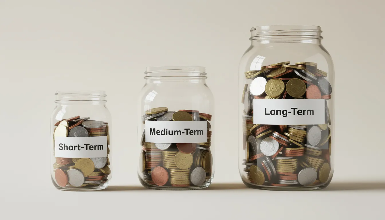 The image depicts three glass jars of varying sizes filled with coins, symbolizing different savings buckets for short-term, medium-term, and long-term retirement investments. This visual representation highlights the importance of a diversified retirement savings plan to achieve financial goals and secure a stable income stream in retirement.