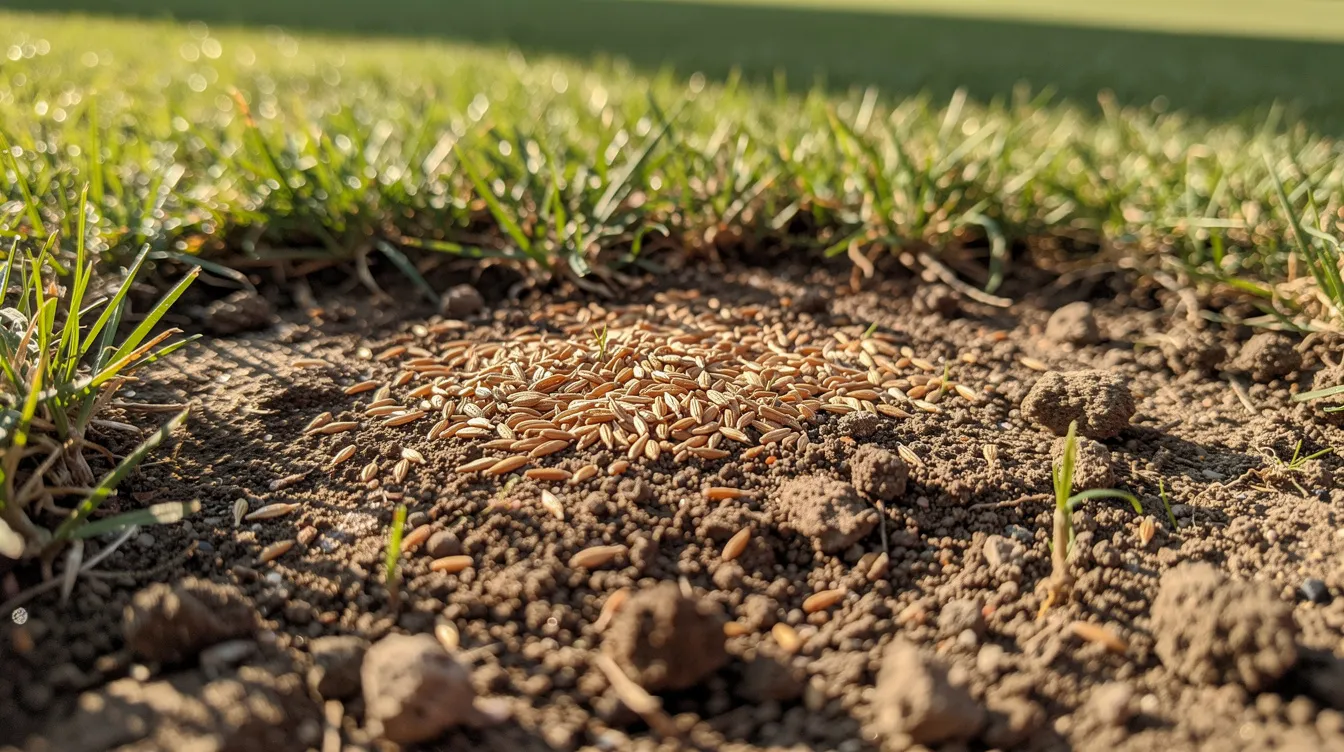 The image shows a close-up view of freshly sown grass seed mixed with fine soil on a repaired lawn patch, highlighting the healthy green growth that is encouraged by summer lawn treatment. This vibrant patch is a testament to effective lawn care practices aimed at promoting stronger root growth during the warm summer months.
