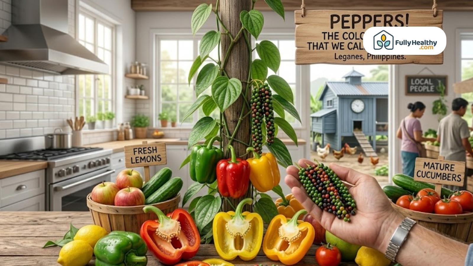 Pepper plant with colorful bell peppers and hand holding fresh peppercorns