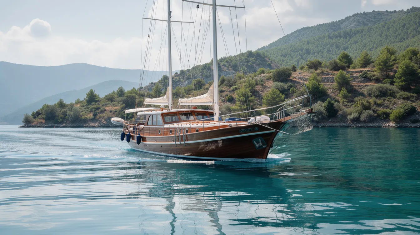 A wooden gulet boat gracefully sails on the calm turquoise waters of the Aegean Sea, with lush green hillsides in the background, embodying the serene beauty of the Bodrum Peninsula. This picturesque scene invites you to explore the vibrant nightlife, luxury hotels, and beach clubs that make Bodrum a cherished destination along the Turkish Riviera.