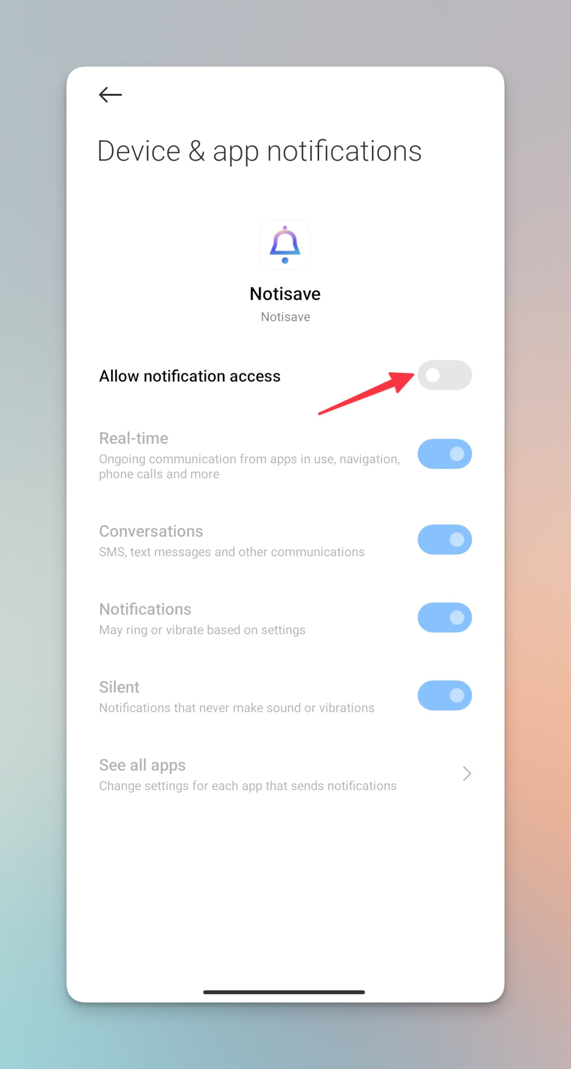 Remote.tools shows Notisave app for android device to allow notification access 