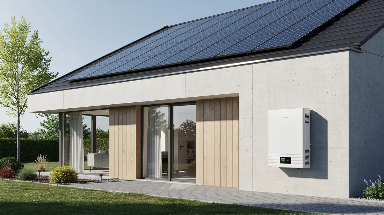 Na obrazie przedstawiony jest nowoczesny dom jednorodzinny z panelami fotowoltaicznymi na dachu oraz magazynem energii umieszczonym przy ścianie budynku, co podkreśla dążenie do niezależności energetycznej i wykorzystania technologii odnawialnych. W kontekście dofinansowania, taki projekt wpisuje się w cele ochrony środowiska i gospodarki, a także może być częścią programu "mój prąd".