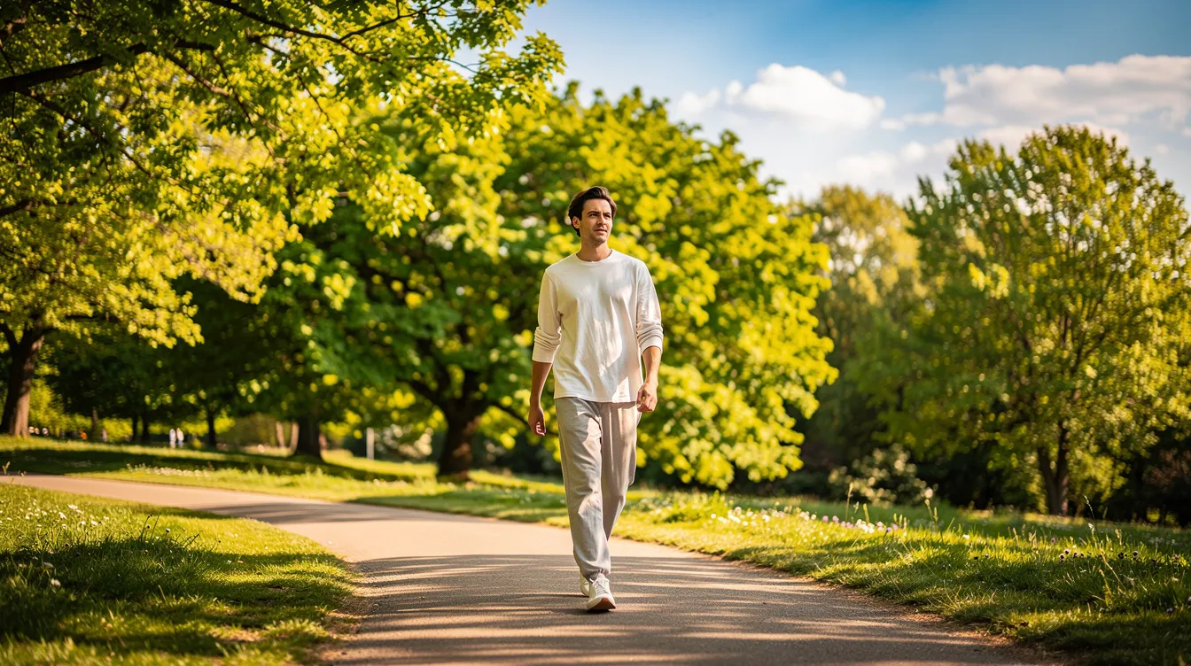 A person is walking through a sunny park, surrounded by lush green trees in the background, enjoying the warm weather. This scene captures a peaceful moment in nature, perfect for reflecting on important legal concerns or simply taking a break from daily responsibilities.