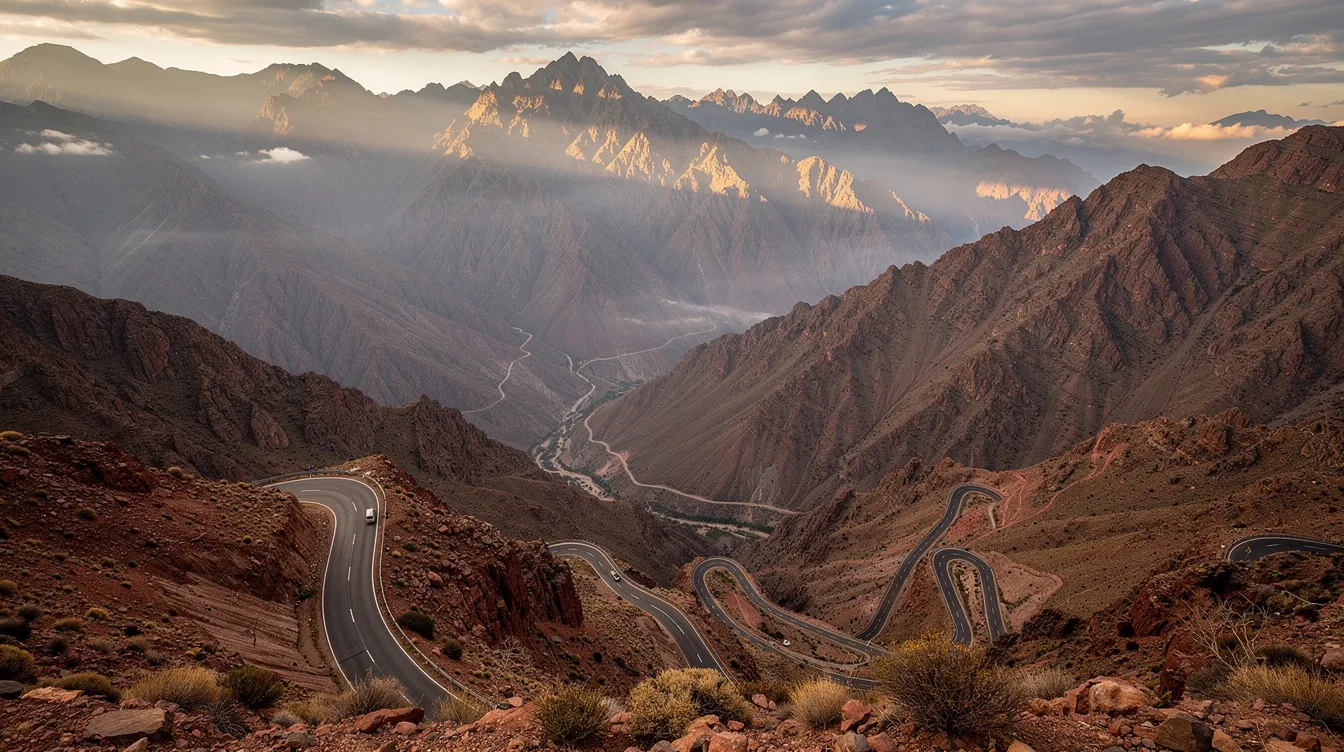 The image features a dramatic landscape of the Atlas Mountains, showcasing a winding road that traverses through lush green valleys and rugged peaks. This scenic view highlights the natural beauty of Morocco, an attractive destination for travelers looking to explore its diverse tourist attractions.