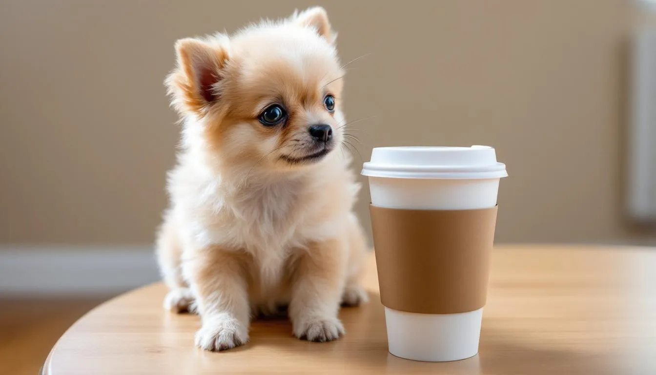 A small chihuahua puppy sits next to a coffee cup, illustrating its tiny size in comparison to the cup. This adorable pup, part of the popular small dog breeds, showcases the charm and playful nature typical of toy dog breeds.