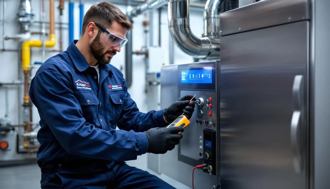 Un technicien en tenue professionnelle est en train d'effectuer l'entretien d'une chaudière moderne, entouré de ses outils spécialisés. Cette intervention met en avant l'importance des chauffagistes à Châteaubriant pour assurer le bon fonctionnement des systèmes de chauffage.