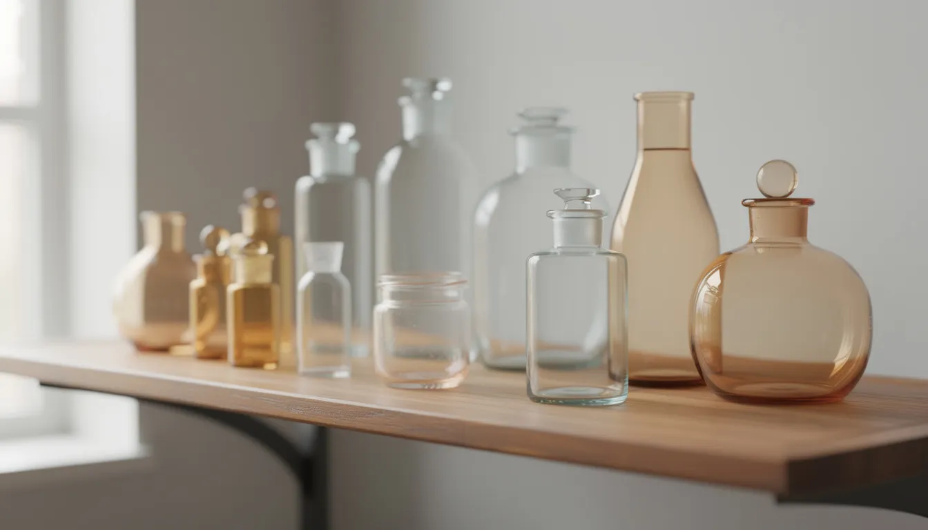 Das Bild zeigt ein Regal mit verschiedenen Glasfläschchen und Behältern, die sorgfältig angeordnet sind. Die Behälter enthalten Produkte wie synthetische Cannabinoide und Derivate, die für ihre Wirkungen und Eigenschaften im Bereich der Cannabis-Verarbeitung bekannt sind.