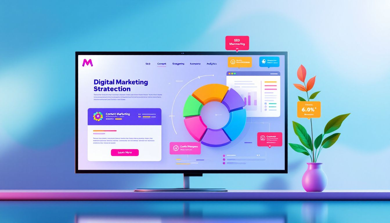 A digital marketing strategy board with SEO elements.