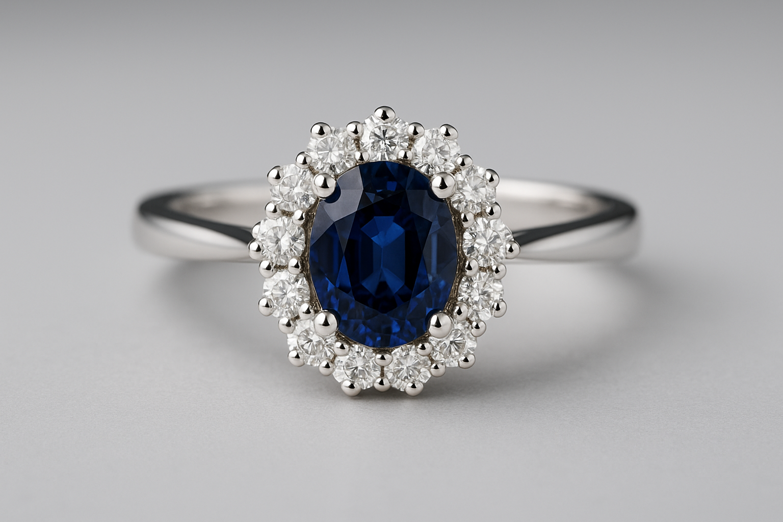 Prabangus halo stiliaus sužadėtuvių žiedas iš rodžiu dengto balto aukso – centre karališkas mėlynas safyras, apsuptas spindinčio briliantų vainiko, sukuriantis princesės Catherine įkvėptą eleganciją