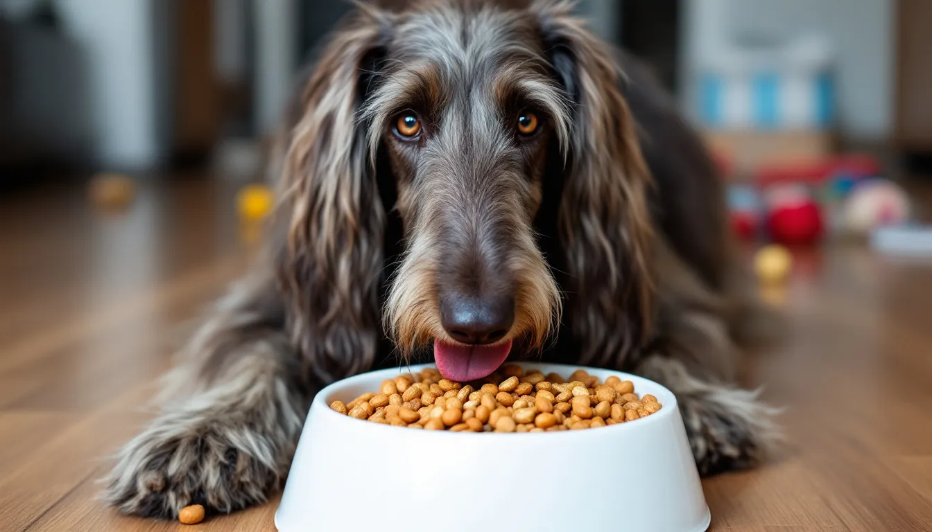 A Scottish Deerhound, known for its dignified personality and wiry coat, is seen happily eating kibble from a doggy food bowl. This gentle giant, often referred to as the royal dog of Scotland, showcases the breed's calm demeanor and love for human companionship.