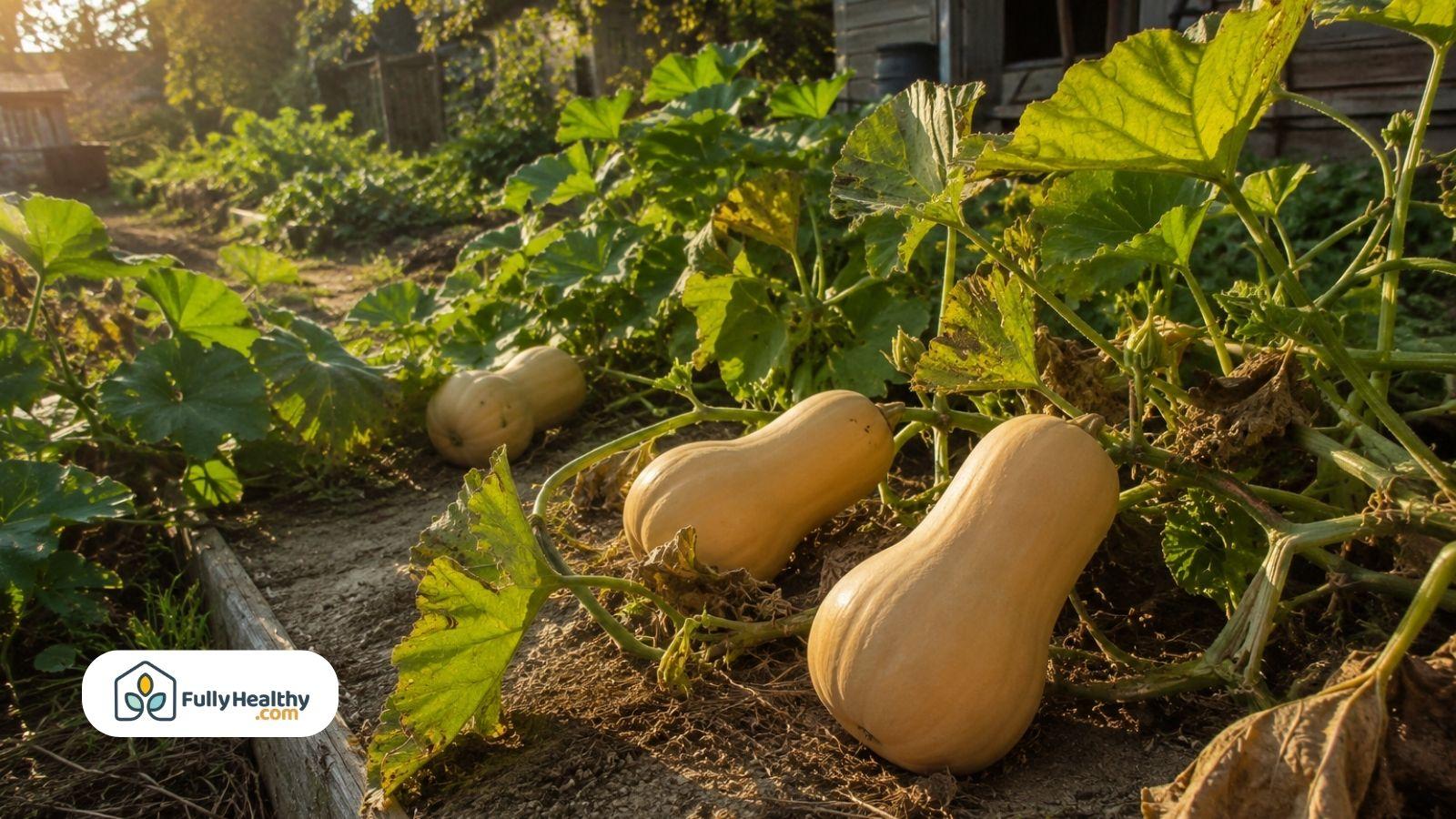 Ripe butternut squash growing in sunny backyard garden during early fall harvest