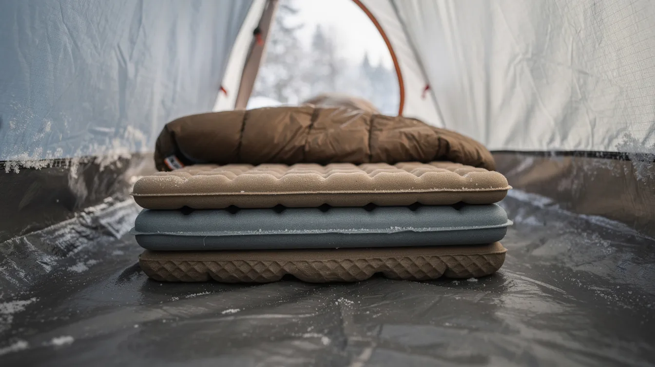A close-up view shows layered foam sleeping pads on the floor of a winter tent, with a sleeping bag resting on top, designed to provide warmth and insulation against the cold air. This setup enhances comfort for winter camping, ensuring a warm and dry shelter during cold weather nights in the great outdoors.