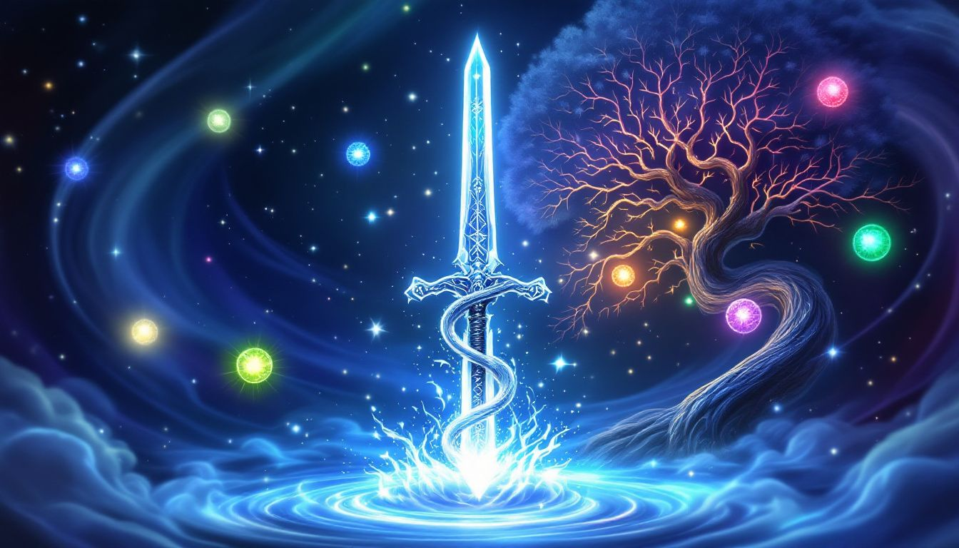 An ace sword surrounded by mystical elements, symbolizing spiritual insights.